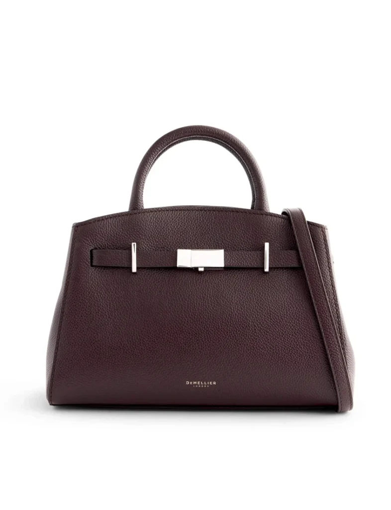 Burgundy grained leather tote bag with silver hardware, accessories retouching
