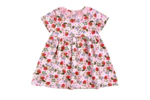 Kids strawberry print dress, back view, product photo retouching