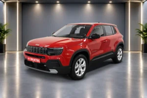 Red Jeep SUV placed in a virtual showroom, car background replacement