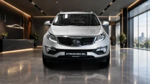 Silver Kia SUV front view with showroom background and reflection, car retouching