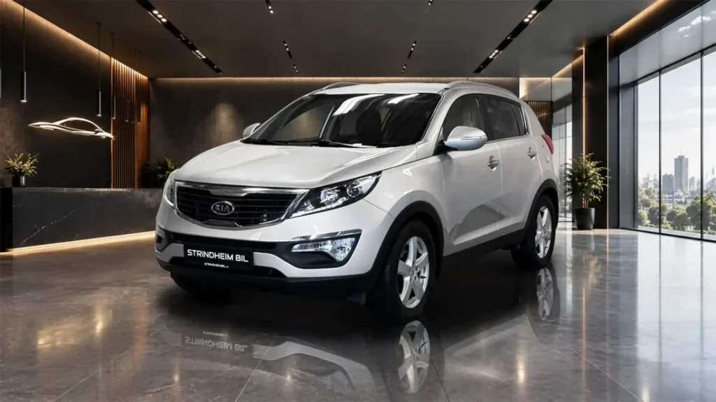 Silver Kia SUV in a virtual showroom with floor reflection, car retouching
