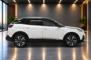 White Peugeot SUV side view in a virtual showroom, car retouching