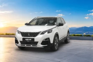 White Peugeot SUV with the background replaced by a sunset city view, car retouching
