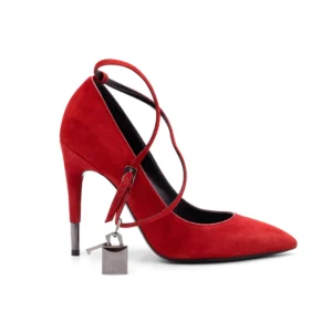 Red suede stiletto pump with padlock strap, footwear retouching
