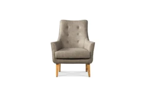 Grey tufted fabric armchair with oak legs, furniture retouching