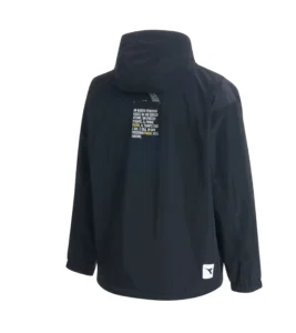 Hooded jacket back view with print, retouched