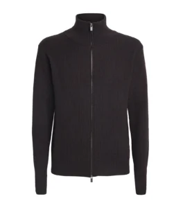 Ribbed knit zip cardigan retouched for ecommerce