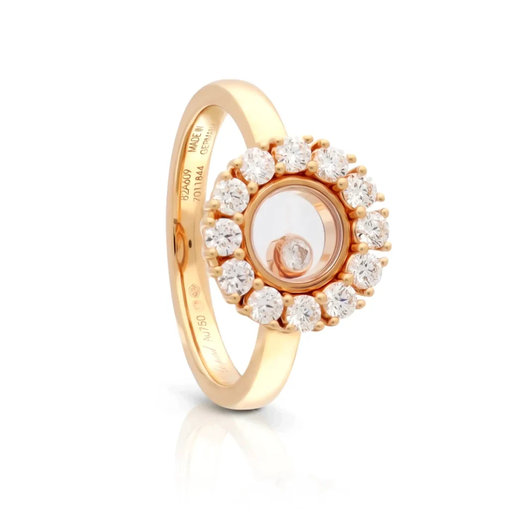 Rose gold diamond halo ring with a floating centre diamond, jewelry retouching
